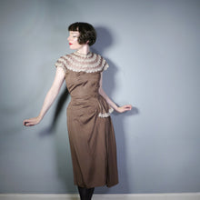 Load image into Gallery viewer, 40s BROWN GROSGRAIN DRAPED DRESS WITH LACE AND MESH CONTRAST NECK - S