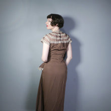 Load image into Gallery viewer, 40s BROWN GROSGRAIN DRAPED DRESS WITH LACE AND MESH CONTRAST NECK - S