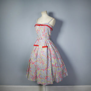 EARLY 50s BRIGHT GREEN AND RED PAISLEY PRINT SUN DRESS AND BOLERO - XS