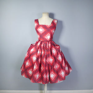 50s RED CHECK DAY DRESS WITH FULL SKIRT AND POCKETS - XS / PETITE FIT