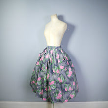 Load image into Gallery viewer, 50s PINK ROSE AND SPIDER WEB -ESQUE PRINT GREY FULL SKIRT - 33&quot;