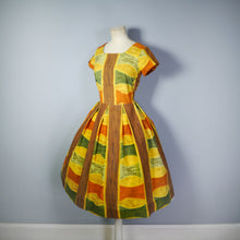 Load image into Gallery viewer, 50s 60s AUTUMNAL PALETTE MUSTARD, BROWN AND RUST COLOURED DAY DRESS - S