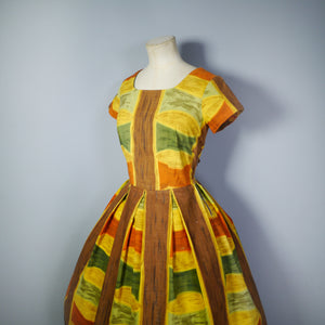 50s 60s AUTUMNAL PALETTE MUSTARD, BROWN AND RUST COLOURED DAY DRESS - S