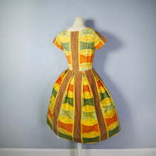 Load image into Gallery viewer, 50s 60s AUTUMNAL PALETTE MUSTARD, BROWN AND RUST COLOURED DAY DRESS - S