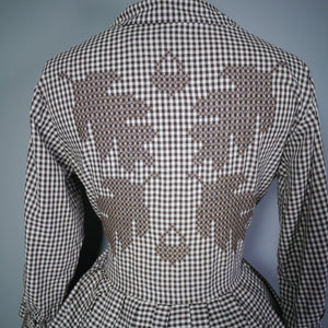 50s 60s BROWN AND WHITE CHECK SHIRT DRESS WITH ACORN CROSS STITCH - S / petite fit