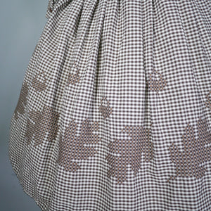 50s 60s BROWN AND WHITE CHECK SHIRT DRESS WITH ACORN CROSS STITCH - S / petite fit