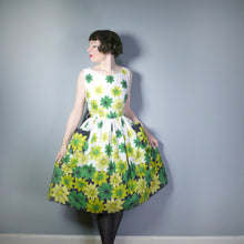 Load image into Gallery viewer, 50s VIVID GREEN FLORAL BORDER PRINT FULL SKIRED DRESS - S