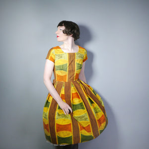 50s 60s AUTUMNAL PALETTE MUSTARD, BROWN AND RUST COLOURED DAY DRESS - S
