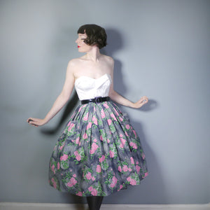 50s PINK ROSE AND SPIDER WEB -ESQUE PRINT GREY FULL SKIRT - 33"