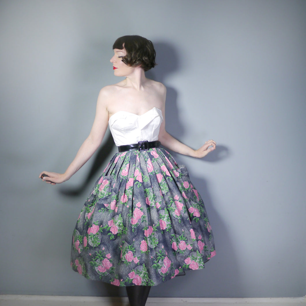 50s PINK ROSE AND SPIDER WEB -ESQUE PRINT GREY FULL SKIRT - 33