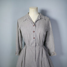 Load image into Gallery viewer, 50s 60s BROWN AND WHITE CHECK SHIRT DRESS WITH ACORN CROSS STITCH - S / petite fit