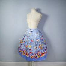 Load image into Gallery viewer, 50s NOVELTY LIGHT BLUE BORDER PRINT TRAVEL POSTER SKIRT - 25.5&quot;