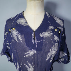 40s NAVY BLUE AND WHITE PRINT SEMI SHEER DRESS WITH SHOULDER BUTTON DETAIL - M-L