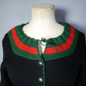 60s 70s BLACK GREEN AND RED COLOURBLOCK CROPPED BAVARIAN / FOLK CARDIGAN - XS-S