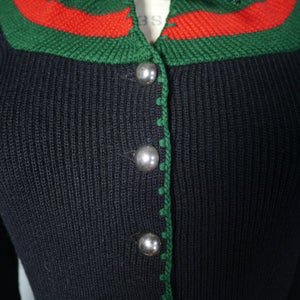 60s 70s BLACK GREEN AND RED COLOURBLOCK CROPPED BAVARIAN / FOLK CARDIGAN - XS-S