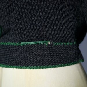 60s 70s BLACK GREEN AND RED COLOURBLOCK CROPPED BAVARIAN / FOLK CARDIGAN - XS-S