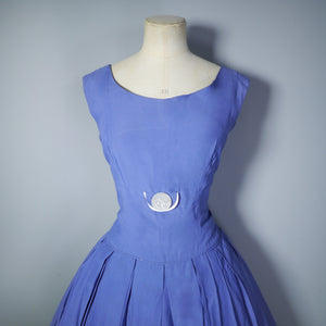 50s 60s BLUE FULL SKIRTED DRESS WITH BRODERIE ANGLAISE RIBBON HEM - M