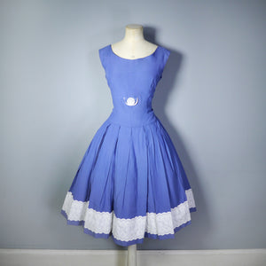 50s 60s BLUE FULL SKIRTED DRESS WITH BRODERIE ANGLAISE RIBBON HEM - M