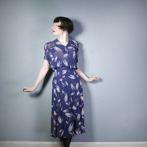 40s NAVY BLUE AND WHITE PRINT SEMI SHEER DRESS WITH SHOULDER BUTTON DETAIL - M-L