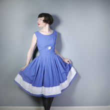Load image into Gallery viewer, 50s 60s BLUE FULL SKIRTED DRESS WITH BRODERIE ANGLAISE RIBBON HEM - M