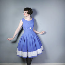 Load image into Gallery viewer, 50s 60s BLUE FULL SKIRTED DRESS WITH BRODERIE ANGLAISE RIBBON HEM - M