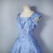 Load image into Gallery viewer, 50s DUSKY BLUE FEATHER PRINT FULL SKIRTED DRESS - S-M