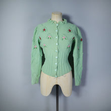 Load image into Gallery viewer, 80s PASTEL GREEN EMBROIDERED BOBBLE KNIT FOLKLORE CARDIGAN - S