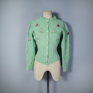 80s PASTEL GREEN EMBROIDERED BOBBLE KNIT FOLKLORE CARDIGAN - S