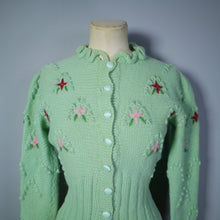 Load image into Gallery viewer, 80s PASTEL GREEN EMBROIDERED BOBBLE KNIT FOLKLORE CARDIGAN - S