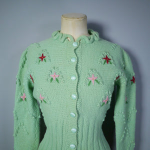 80s PASTEL GREEN EMBROIDERED BOBBLE KNIT FOLKLORE CARDIGAN - S