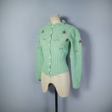 Load image into Gallery viewer, 80s PASTEL GREEN EMBROIDERED BOBBLE KNIT FOLKLORE CARDIGAN - S