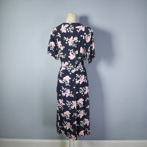 40s BLACK WITH PINK AND WHITE BUTTERFLY AND DAISY PRINT RAYON DRESS - VOLUP / L