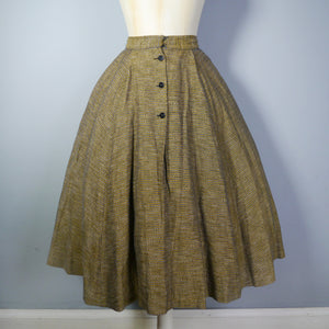 50s "FRESHLY" MUSTARD AND BLACK STRIPED 2 PIECE SUIT / SKIRT AND BLOUSE SET - XS