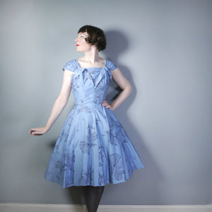 50s DUSKY BLUE FEATHER PRINT FULL SKIRTED DRESS - S-M