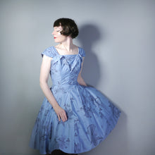 Load image into Gallery viewer, 50s DUSKY BLUE FEATHER PRINT FULL SKIRTED DRESS - S-M