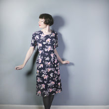 Load image into Gallery viewer, 40s BLACK WITH PINK AND WHITE BUTTERFLY AND DAISY PRINT RAYON DRESS - VOLUP / L