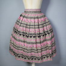 Load image into Gallery viewer, BROWN 50s FULL COTTON SKIRT WITH TROMP L&#39;OEIL POMPOM RIBBON PRINT - 25&quot;