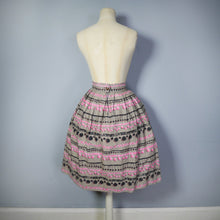 Load image into Gallery viewer, BROWN 50s FULL COTTON SKIRT WITH TROMP L&#39;OEIL POMPOM RIBBON PRINT - 25&quot;