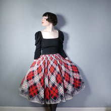 Load image into Gallery viewer, 50s RED BLACK AND WHITE TARTAN FULL CIRCLE SKIRT WITH TROMP L&#39;OEIL TASSLE HEM - 25.5&quot;