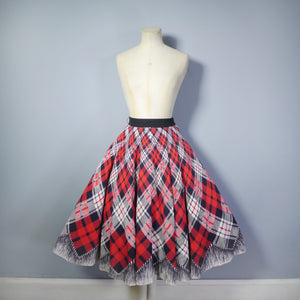 50s RED BLACK AND WHITE TARTAN FULL CIRCLE SKIRT WITH TROMP L'OEIL TASSLE HEM - 25.5"