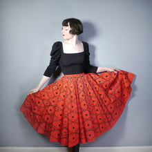 Load image into Gallery viewer, 50s RED TAFFETA FULL CIRCLE SKIRT WITH FLOCKED DIAMOND PATTERN - 25.5-26&quot;