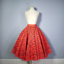 Load image into Gallery viewer, 50s RED TAFFETA FULL CIRCLE SKIRT WITH FLOCKED DIAMOND PATTERN - 25.5-26&quot;