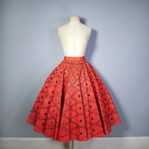 50s RED TAFFETA FULL CIRCLE SKIRT WITH FLOCKED DIAMOND PATTERN - 25.5-26"