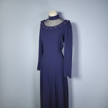 Load image into Gallery viewer, 40s NAVY CREPE EVENING MAXI DRESS WITH EMBELLISHED MESH NECKLINE - M-L