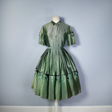 Load image into Gallery viewer, 40s 50s GREEN AND BLACK SATIN DRESS WITH VELVET BUTTON DETAIL - XS / petite fit