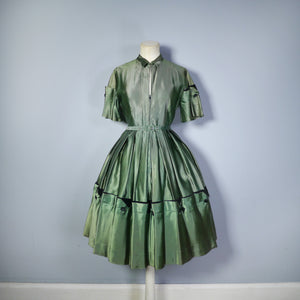40s 50s GREEN AND BLACK SATIN DRESS WITH VELVET BUTTON DETAIL - XS / petite fit