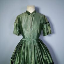 Load image into Gallery viewer, 40s 50s GREEN AND BLACK SATIN DRESS WITH VELVET BUTTON DETAIL - XS / petite fit