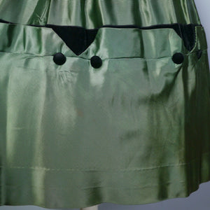 40s 50s GREEN AND BLACK SATIN DRESS WITH VELVET BUTTON DETAIL - XS / petite fit