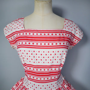 50s RED AND WHITE PRINTED COTTON DRESS WITH FULL SKIRT AND BOWS - S