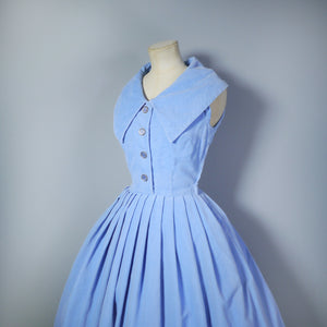 50s PASTEL BLUE CORD FULL SKIRTED DRESS BY A DIANA DRESS - XS